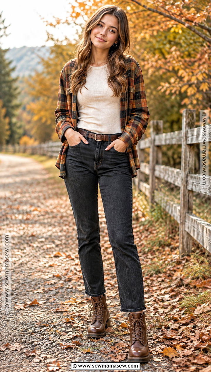 Plaid Shirt and Black Jeans Senior Picture Outfit - 20 Fall Senior Picture Outfits
