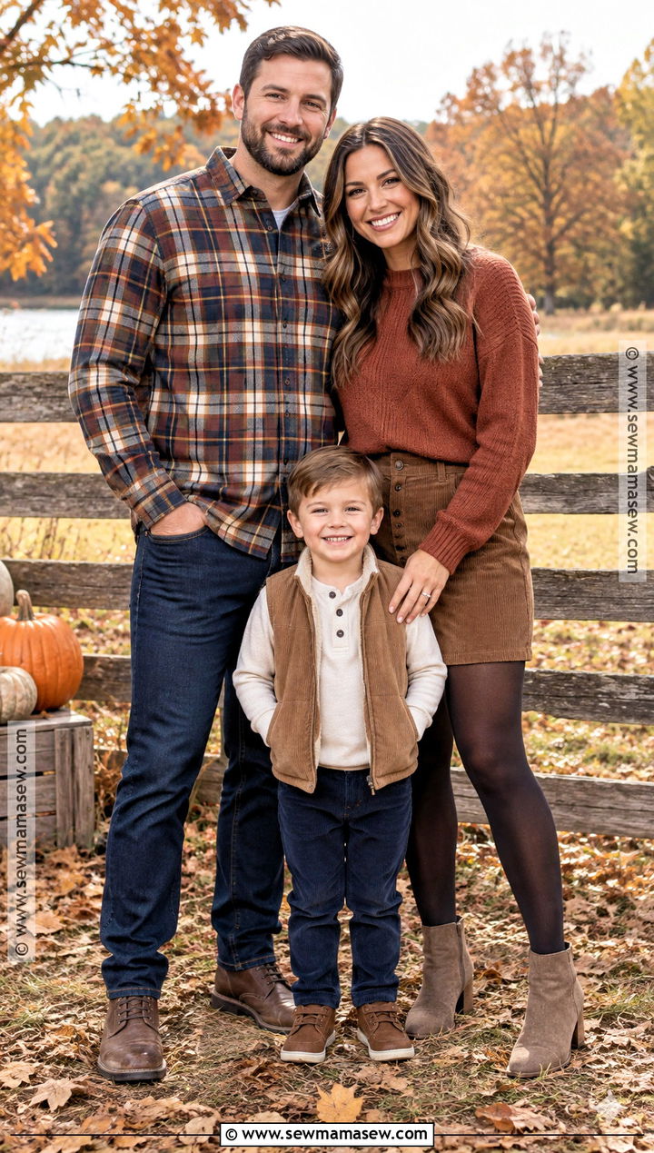Plaid Shirt and Corduroy Fall Family Photoshoot Outfit - 15 fall photoshoot outfits family of 3