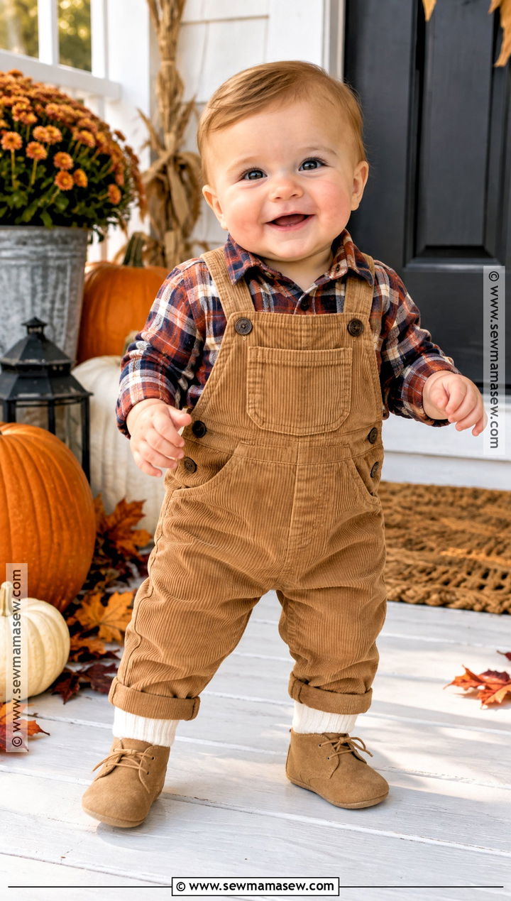 Plaid Shirt and Corduroy Overalls - 15 thanksgiving outfit ideas for baby boys
