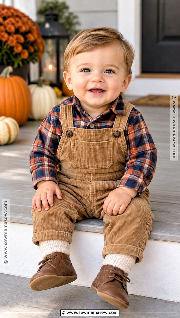 Plaid Shirt and Corduroy Overalls - 15 first thanksgiving outfit ideas for boys