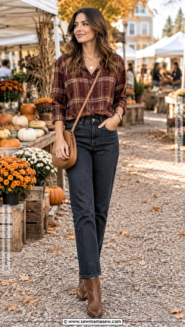 Plaid Shirt and Dark Jeans Fall Outfit - 25 cute simple fall outfits