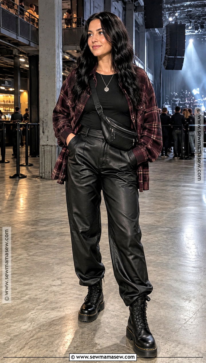 Plaid Shirt and Faux Leather Pants Fall Concert Outfit - 20 concert outfit ideas fall