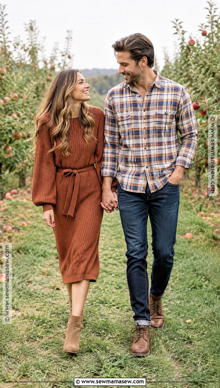 Plaid Shirt and Knit Dress Fall Couple Outfit - 15 fall couple pics outfits