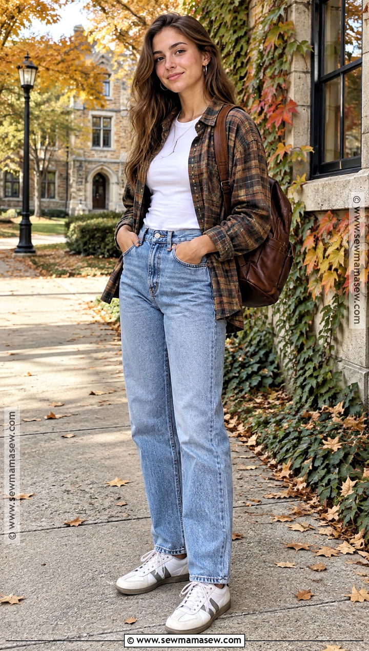 Plaid Shirt and Mom Jeans Fall Class Outfit - 25 fall class outfits