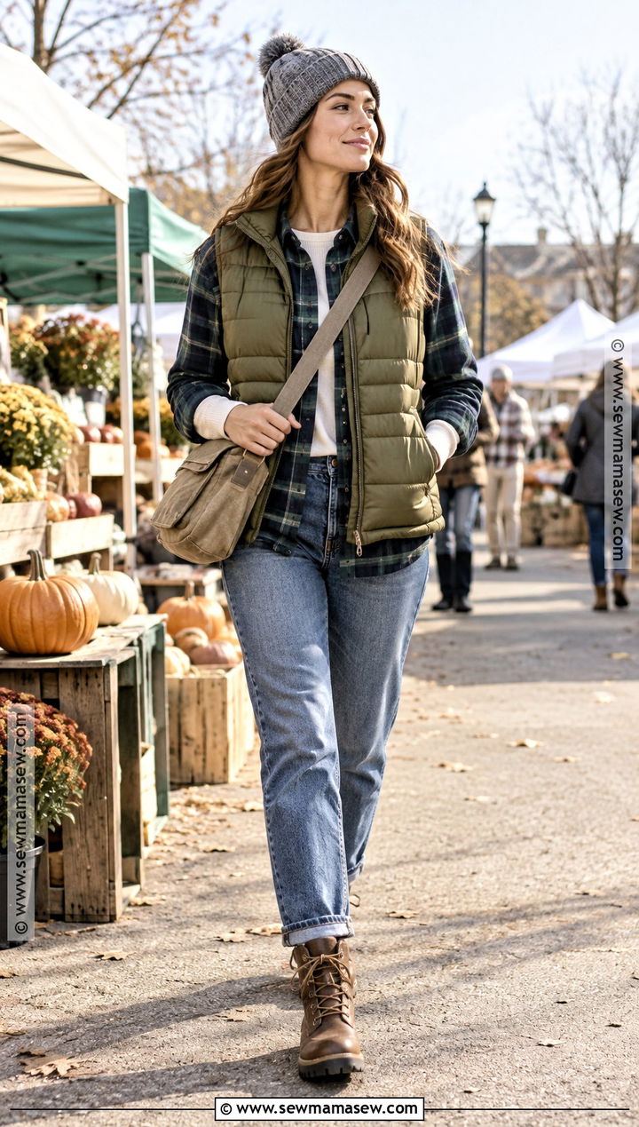 Plaid Shirt and Puffer Vest Outfit - 15 Casual Fall Winter Outfits for Women