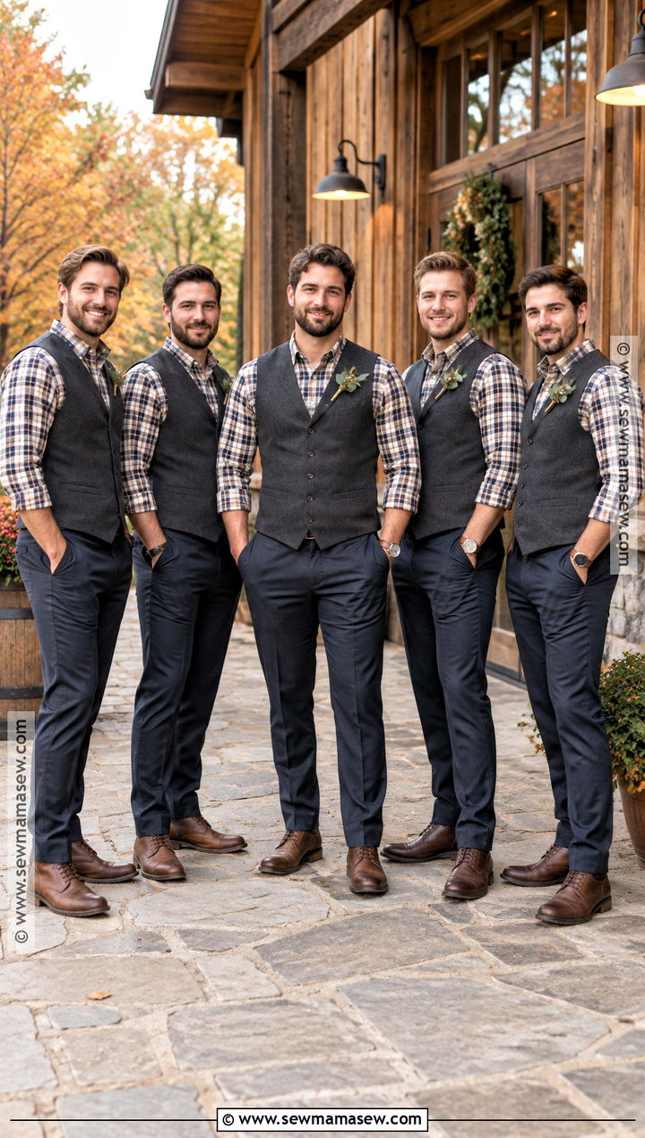 Plaid Shirt and Solid Vest Groomsmen Attire - 15 casual fall groomsmen attire ideas