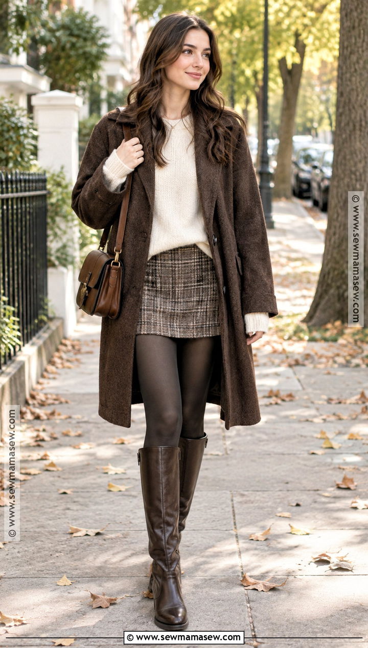 Plaid Short Skirt With Cream Sweater And Riding Boots - 20 fall short skirt outfits