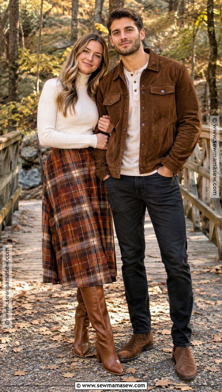 Plaid Skirt And Brown Jacket Fall Couple Outfit - 20 fall couple photoshoot outfits photo ideas outdoor