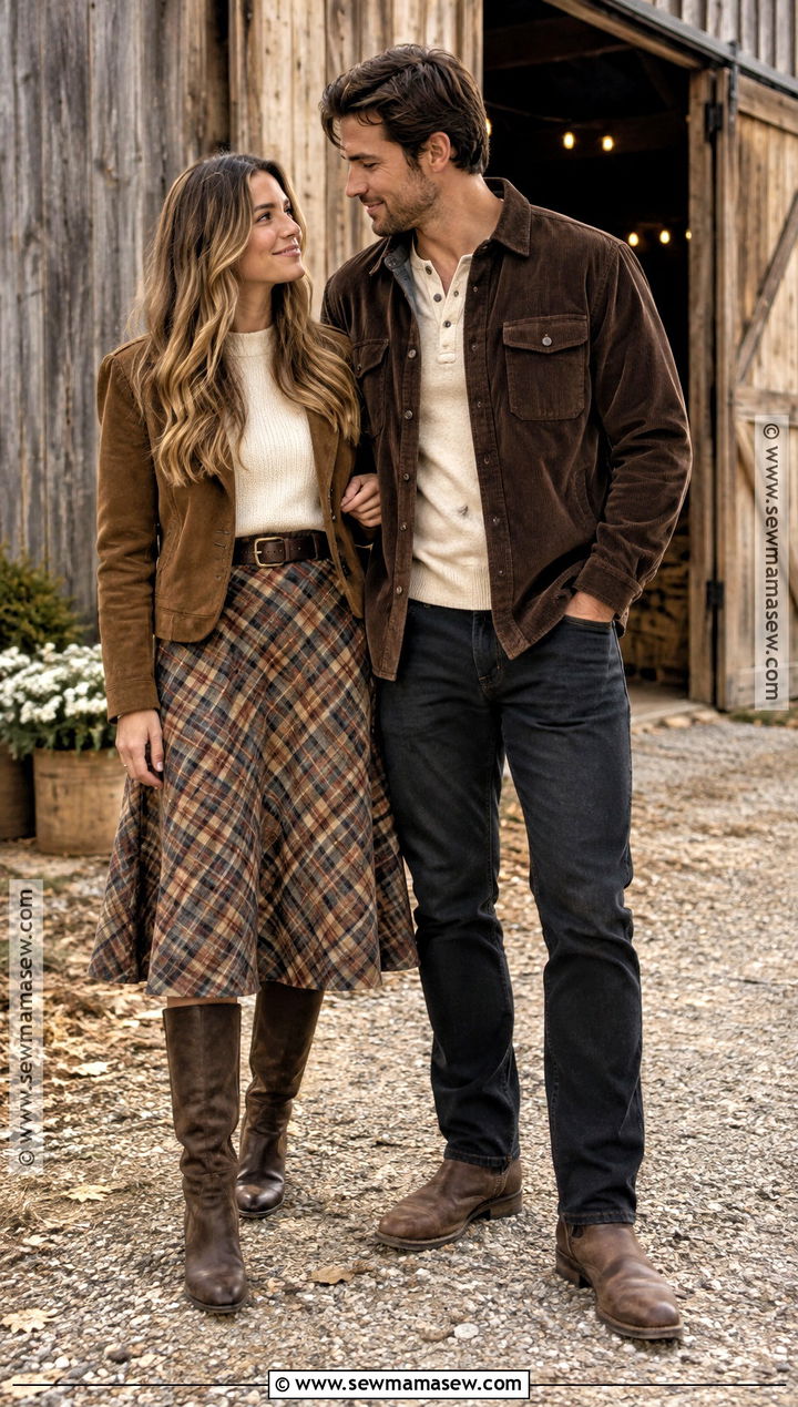 Plaid Skirt And Brown Overshirt Fall Couple Photoshoot Outfit - 20 couples photoshoot outfits fall