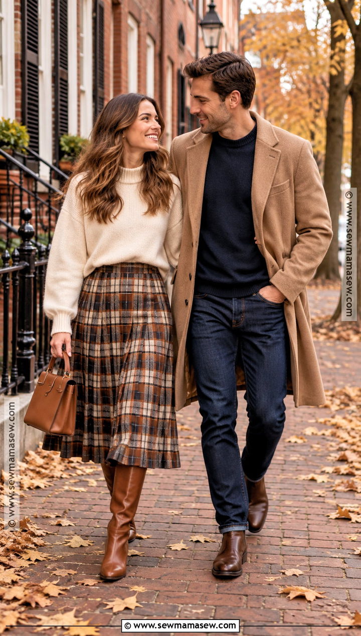 Plaid Skirt And Camel Coat Couple Outfit - 20 fall couple photoshoot outfit ideas