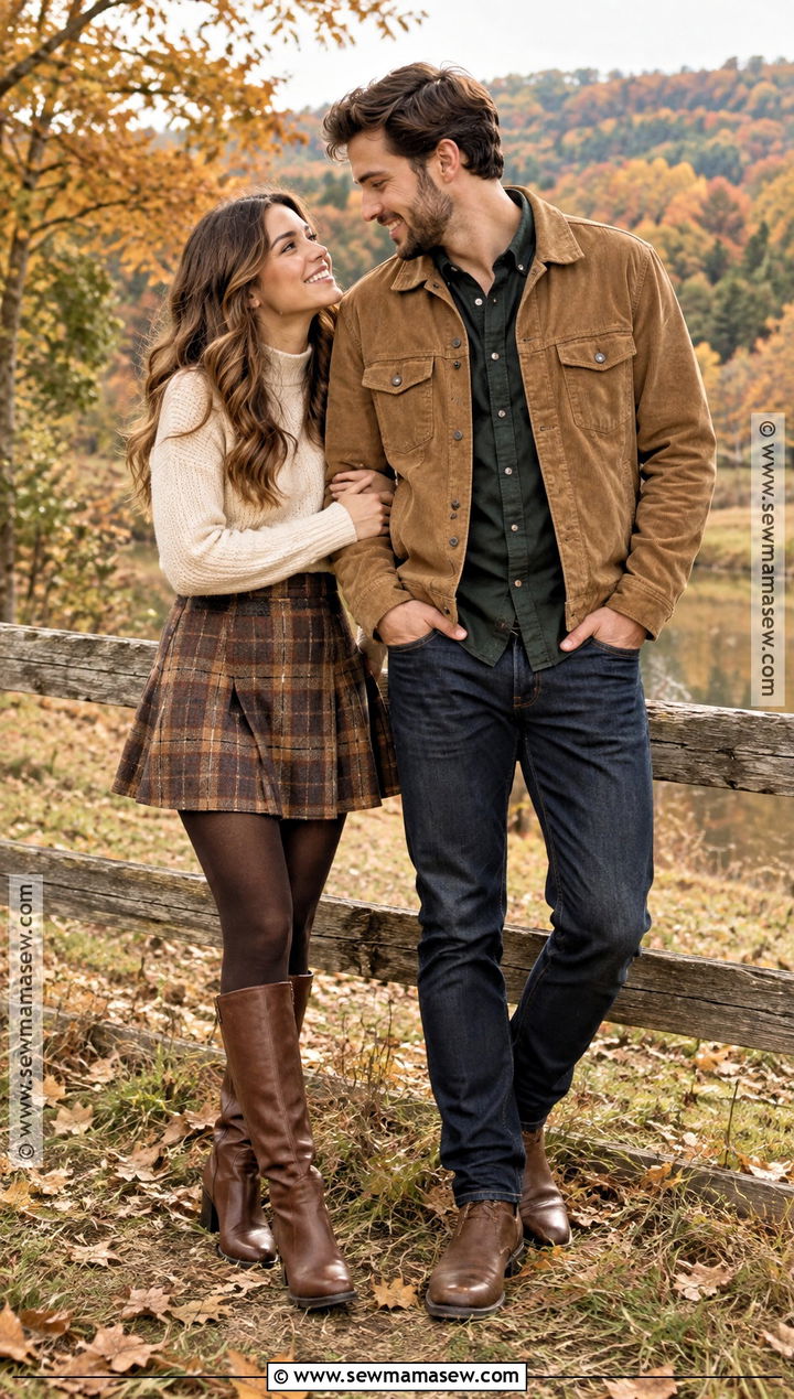 Plaid Skirt And Corduroy Jacket Couples Fall Photoshoot Outfit - 25 couples fall photoshoot outfits