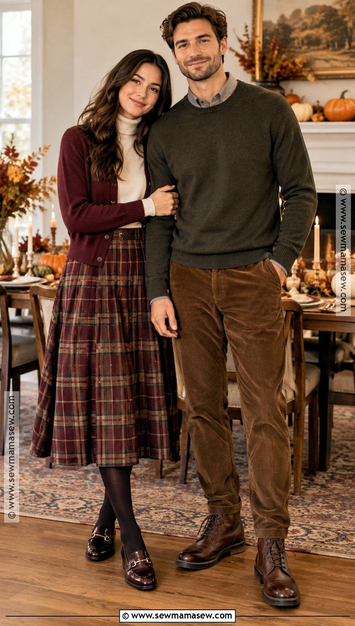 Plaid Skirt And Corduroy Pants Thanksgiving Outfit - 20 Thanksgiving Outfit Ideas for Couples