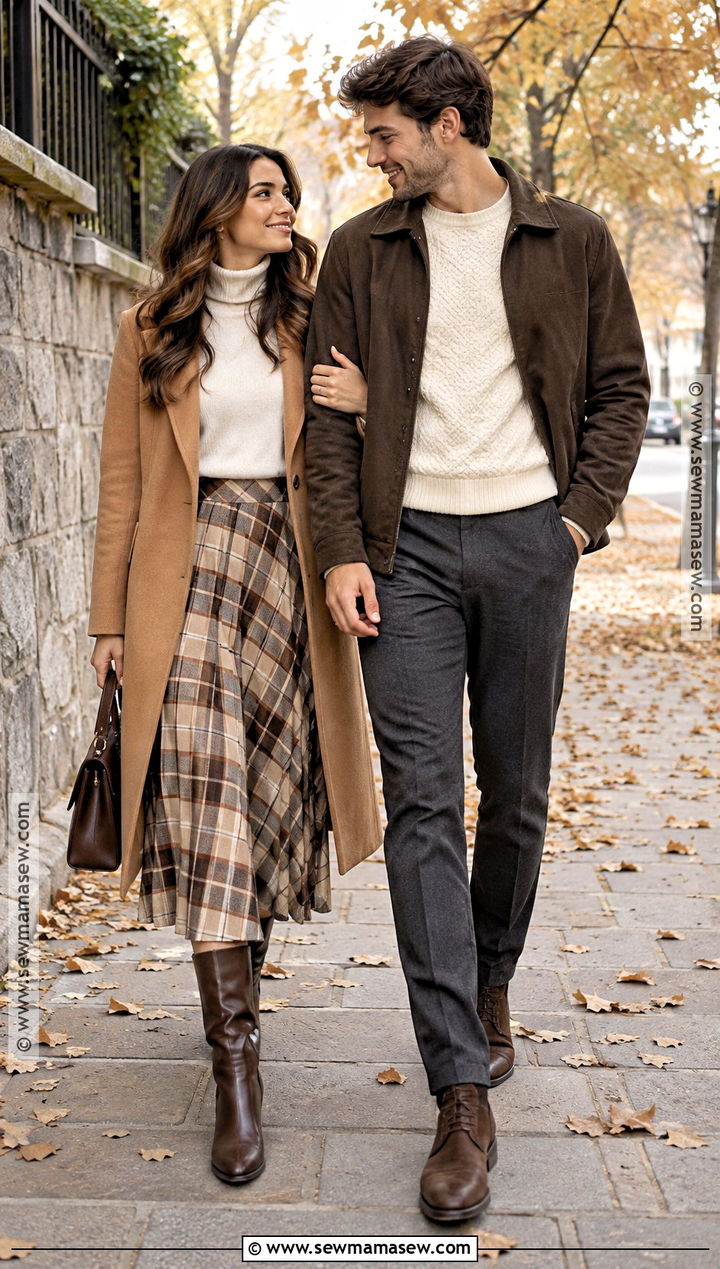 Plaid Skirt And Cream Turtleneck Fall Couples Photoshoot Outfit - 20 Fall Couples Photoshoot Outfits Neutral