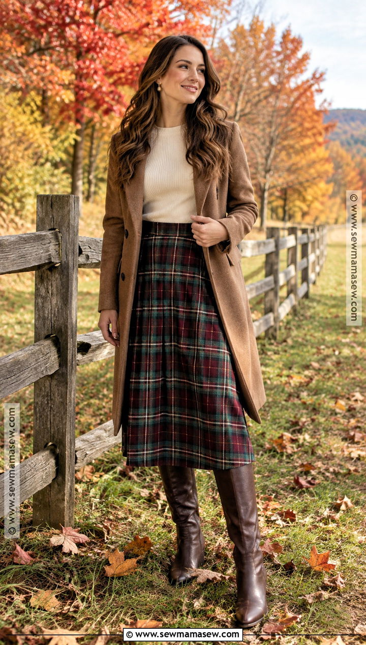 Plaid Skirt And Fitted Sweater Engagement Photo Outfit - 15 fall outfits women engagement photos