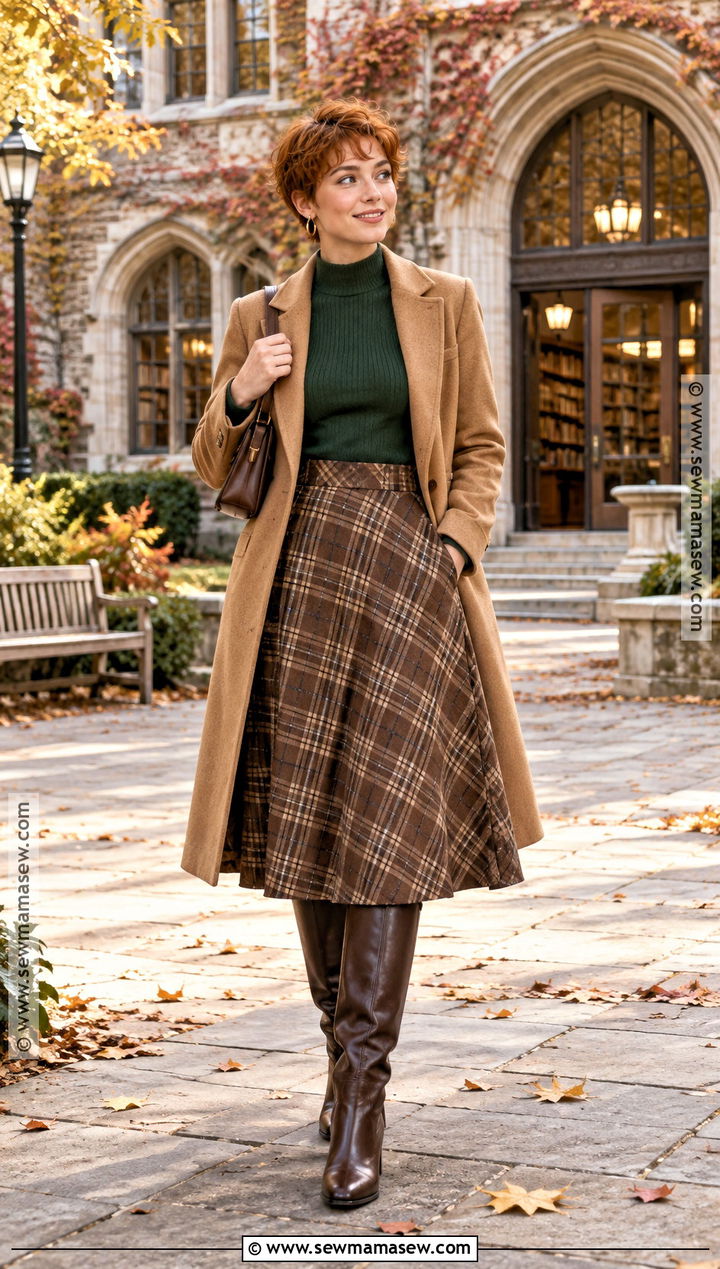 Plaid Skirt And Fitted Sweater Outfit With Short Hair - 15 fall outfits with short hair