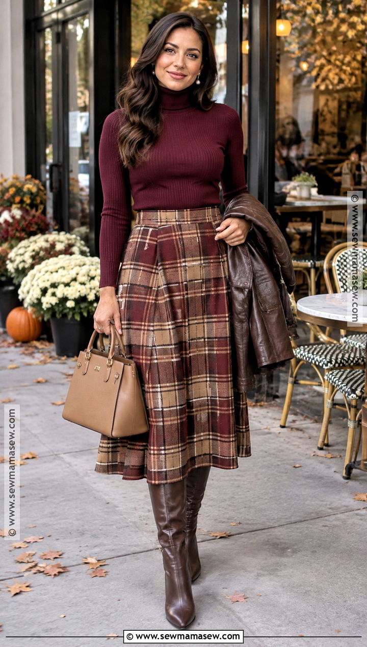 Plaid Skirt And Fitted Turtleneck Birthday Outfit - 15 fall birthday outfit ideas for women