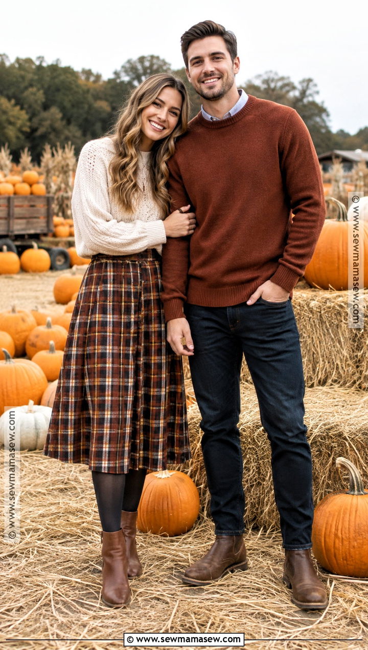 Plaid Skirt And Knit Sweater Couple Outfit - 25 pumpkin patch outfit ideas for couples