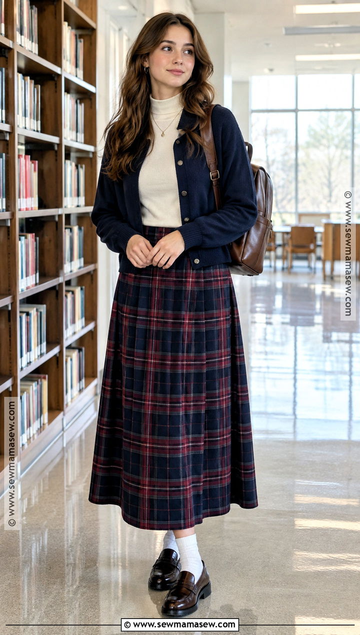Plaid Skirt And Mock Neck Outfit - 20 Back To School Outfits Modest