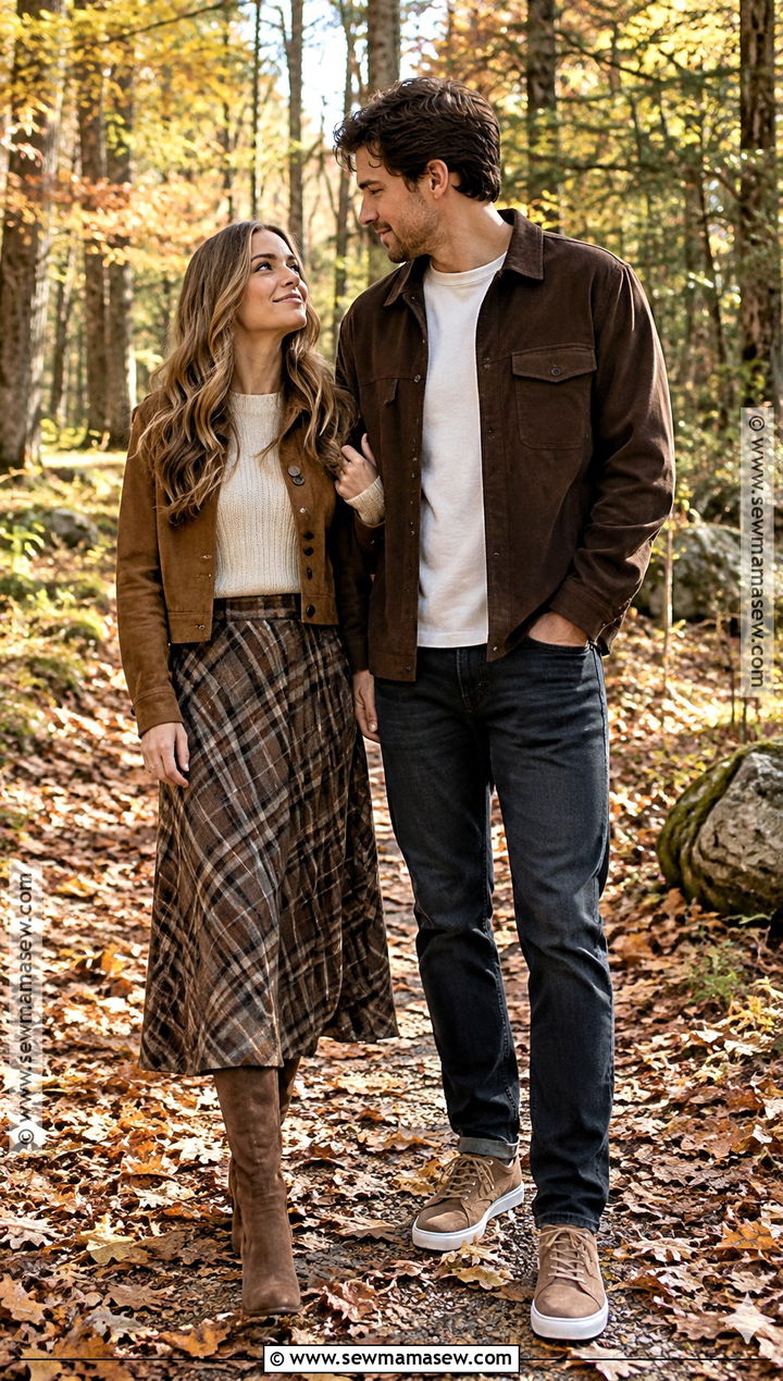 Plaid Skirt And Overshirt Couple Fall Outfit - 20 cute couple fall outfits