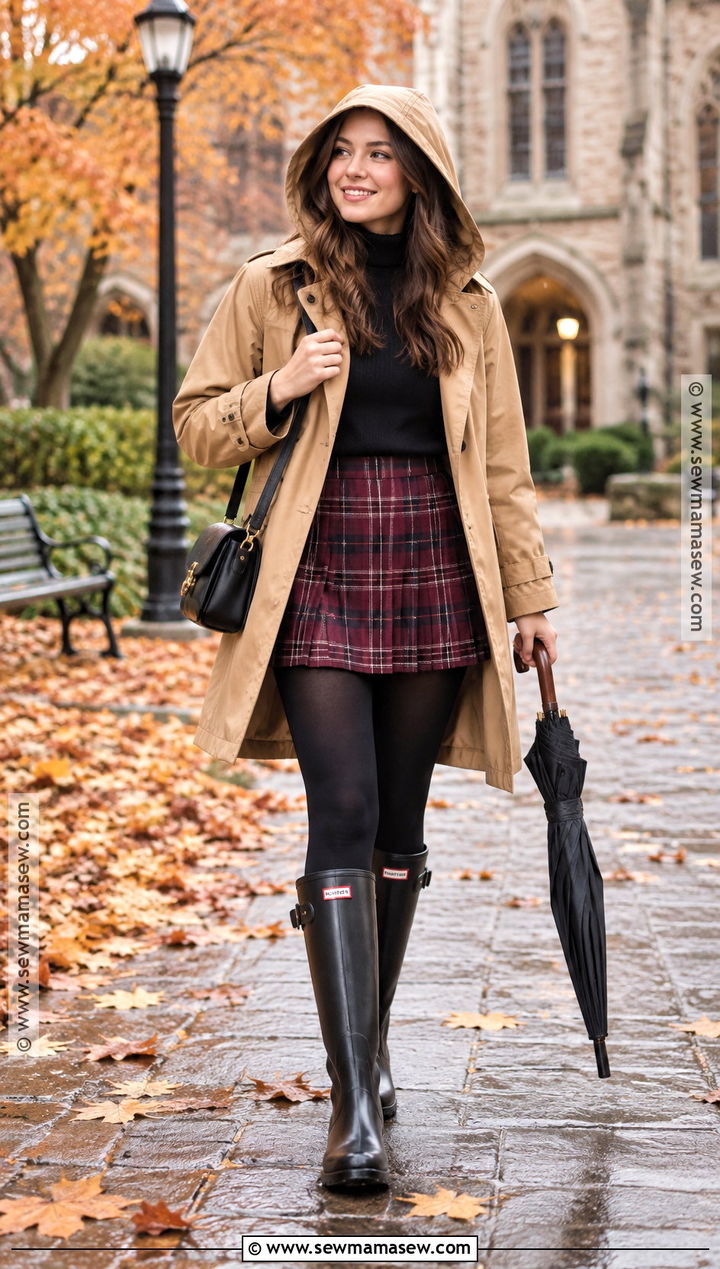 Plaid Skirt And Rain Boots Fall Outfit - 25 rainy fall outfit ideas