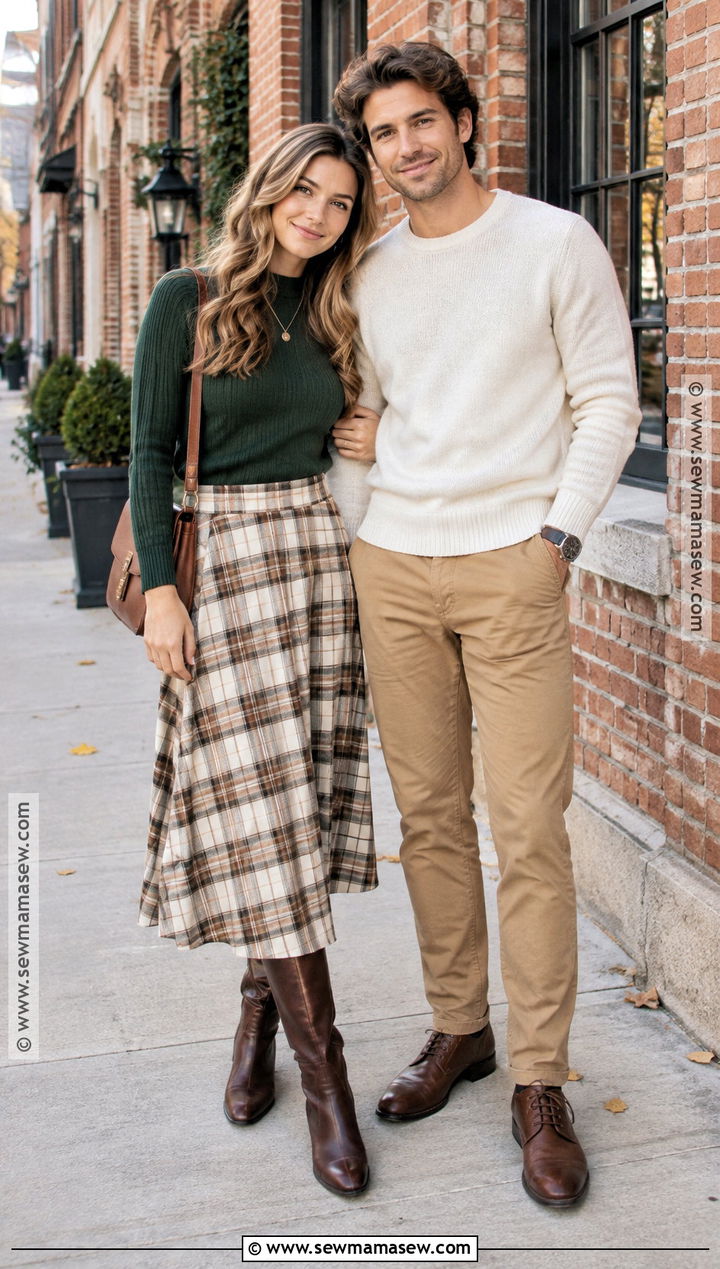 Plaid Skirt And Solid Sweater Fall Couples Photo Outfit - 20 Fall Outfits Couples Photo Ideas