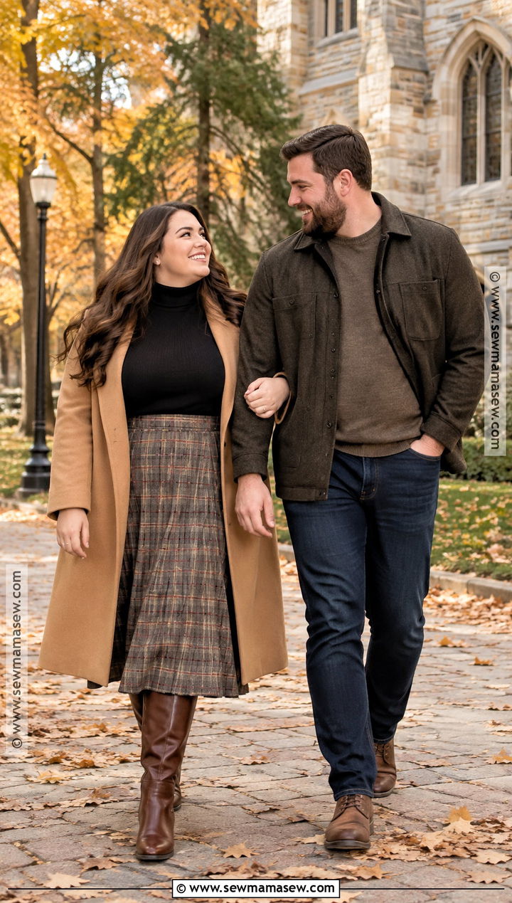 Plaid Skirt And Turtleneck Engagement Photo Outfit - 20 plus size engagement photos outfits fall