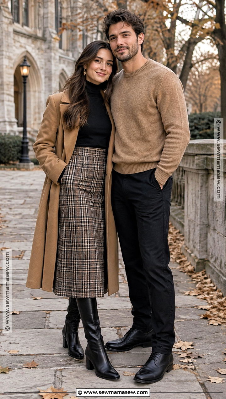 Plaid Skirt And Turtleneck Engagement Photo Outfit - 15 engagement photo shoot outfits fall