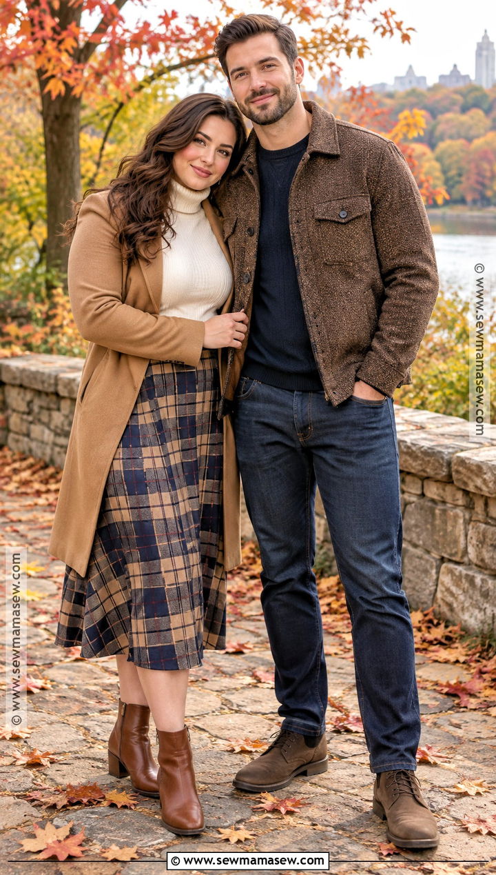Plaid Skirt And Turtleneck Engagement Shoot Outfit - 15 engagement shoot fall outfits