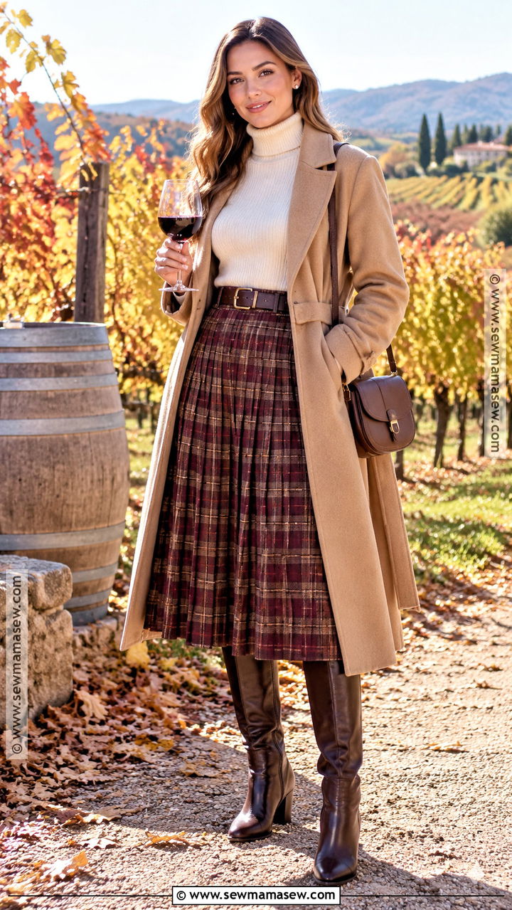 Plaid Skirt And Turtleneck Wine Tasting Outfit - 20 Wine Tasting Fall Outfit Ideas
