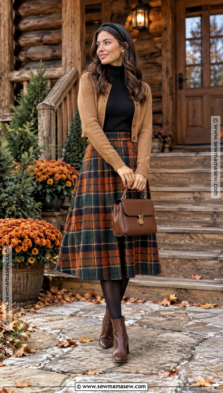 Plaid Skirt Cabin Outfit With Tights and Ankle Boots - 15 cute cabin outfits fall