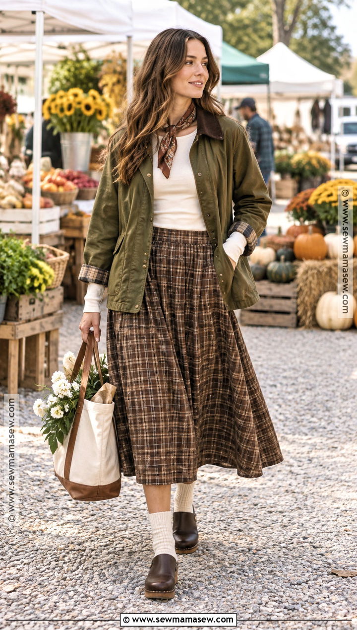 Plaid Skirt With Barn Jacket And Clogs - 20 fall plaid skirt outfit ideas