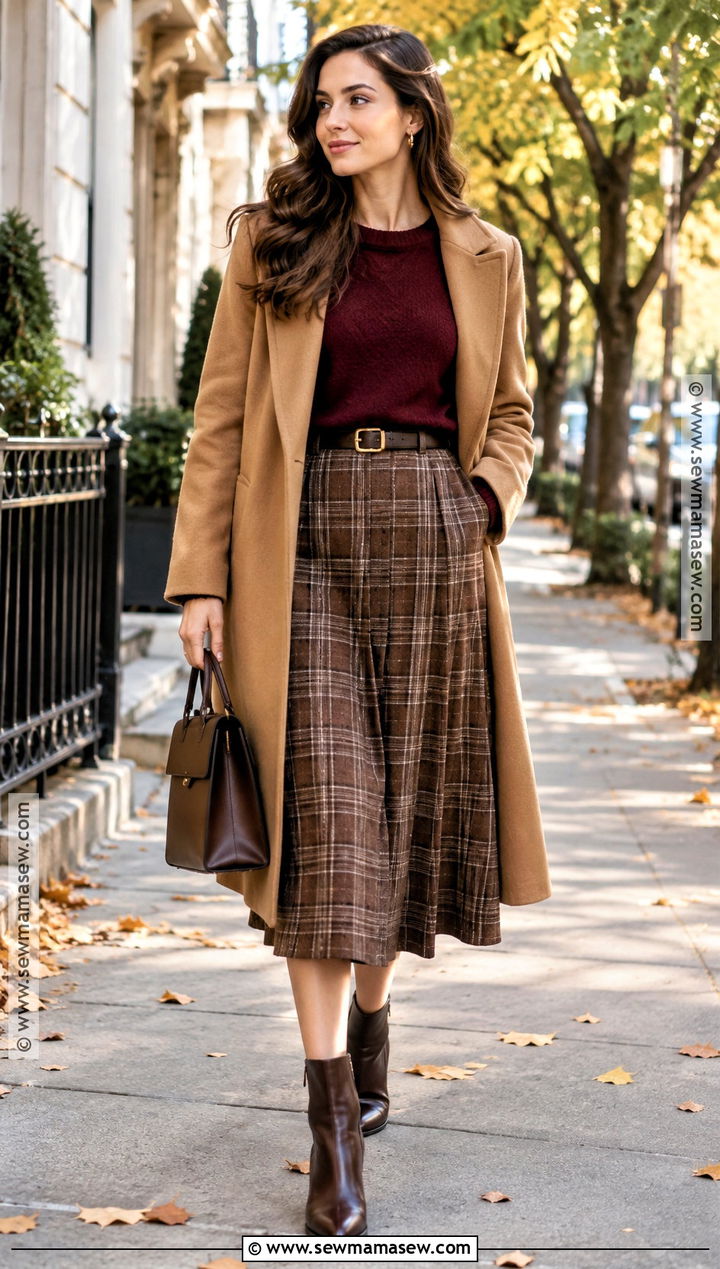 Plaid Skirt With Burgundy Sweater And Brown Boots - 20 fall plaid skirt outfit ideas