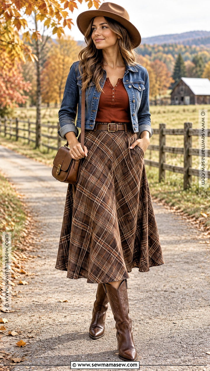 Plaid Skirt With Fitted Henley And Cowboy Boots - 25 plaid skirt outfit fall ideas