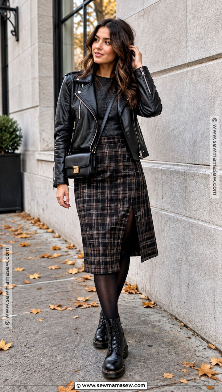Plaid Skirt With Leather Jacket And Combat Boots - 20 plaid skirt fall outfit ideas