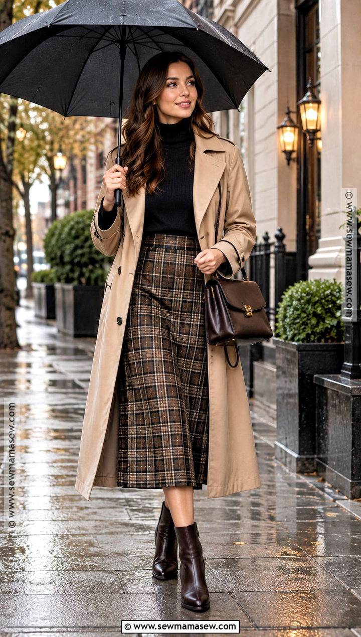 Plaid Skirt With Trench Coat And Ankle Boots - 20 fall plaid skirt outfit ideas
