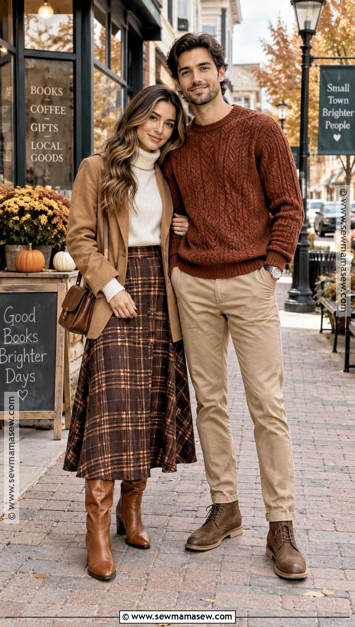 Plaid Skirt and Cable Knit Sweater Fall Couple Outfit - 15 Fall Photos Couples Outfits