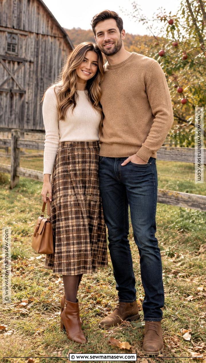Plaid Skirt and Crewneck Sweater Couple Outfit - 15 Fall Couple Photos Outfits Casual