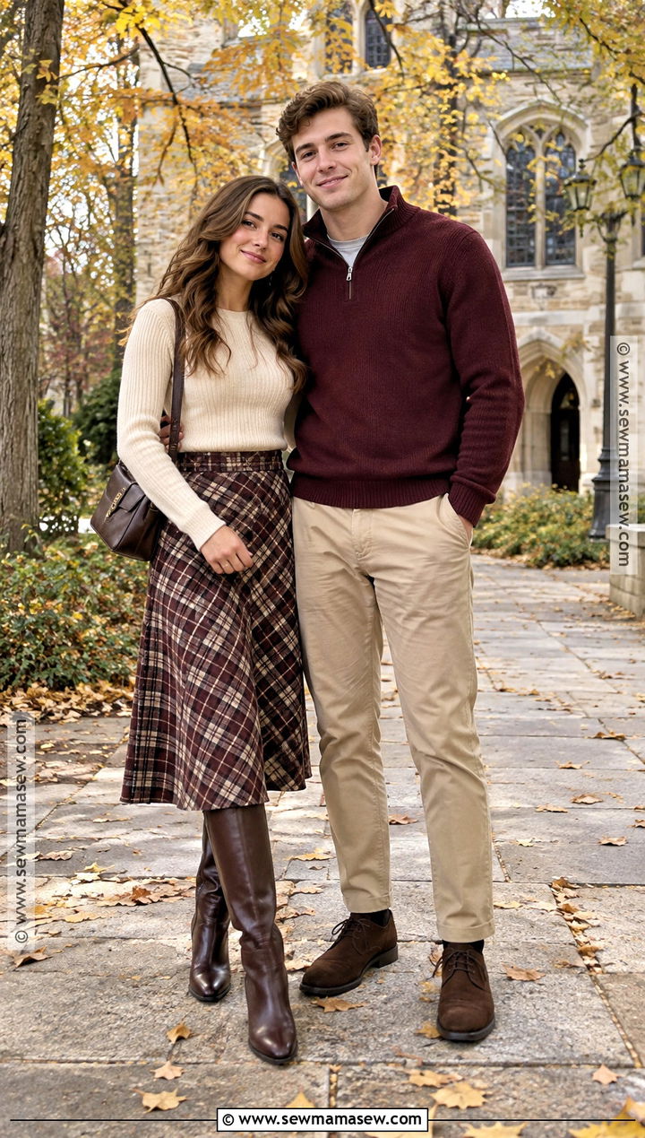 Plaid Skirt and Quarter Zip Fall Couple Outfit - 15 outfit ideas for couples photoshoot fall