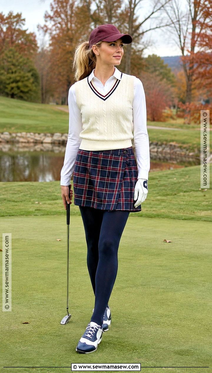 Plaid Skort And Cream Sweater Vest Fall Golf Outfit - 25 fall golf outfit ideas for women