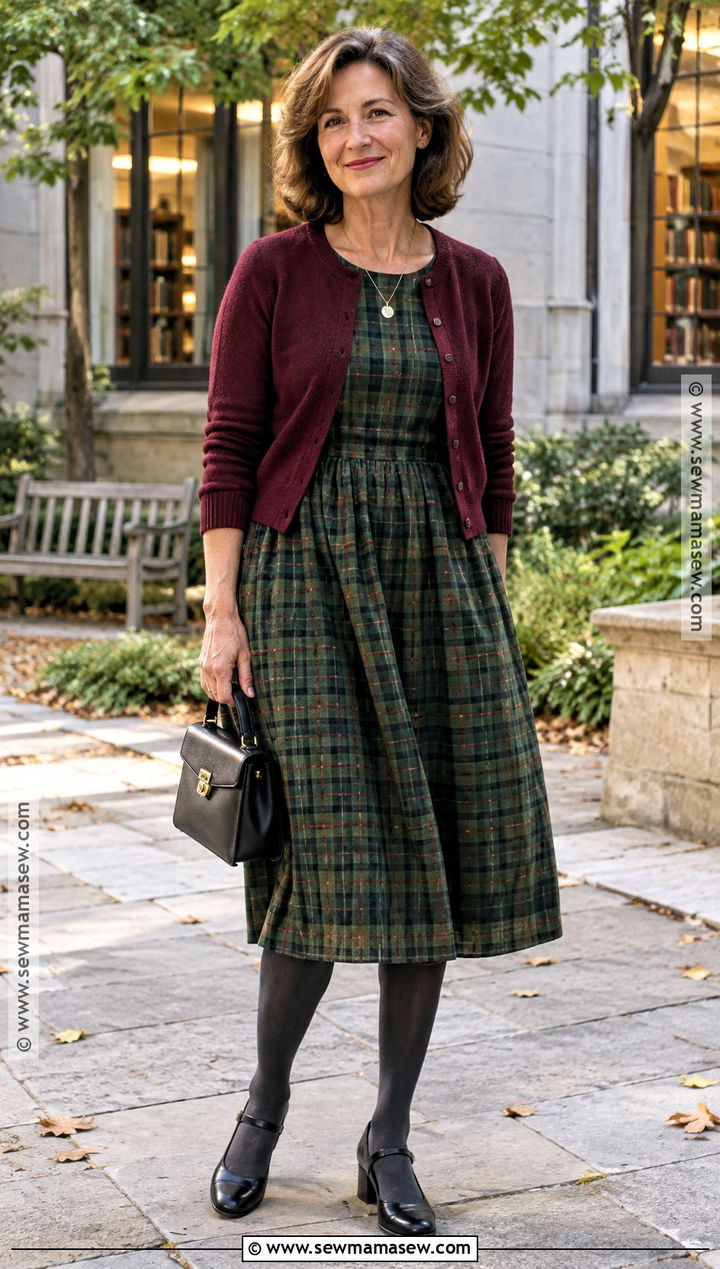 Plaid Smock Dress With Cardigan And Mary Janes - 20 plaid dress outfit fall ideas