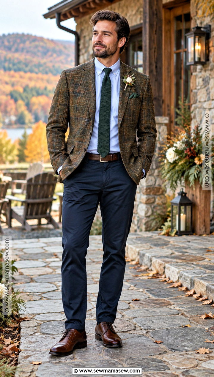 Plaid Sport Coat And Navy Chinos Groom Outfit - 15 casual groom attire fall ideas