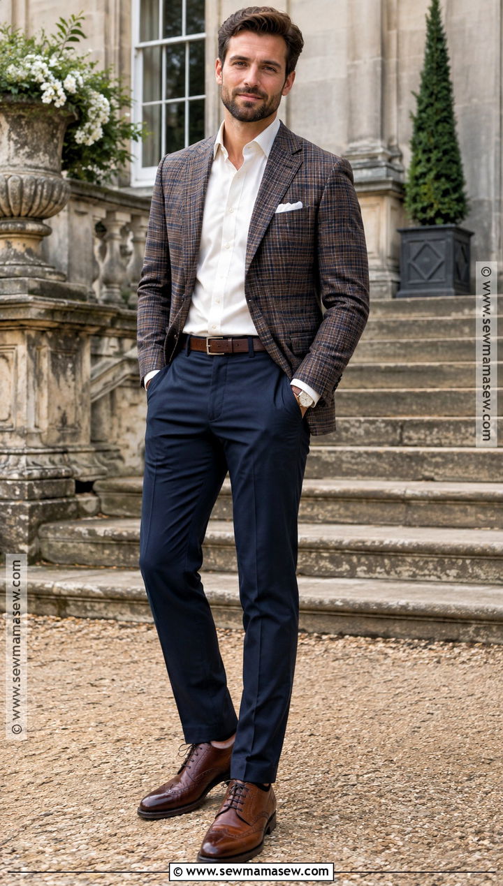 Plaid Sport Coat And Navy Trousers Fall Engagement Outfit - 15 men fall engagement outfit ideas