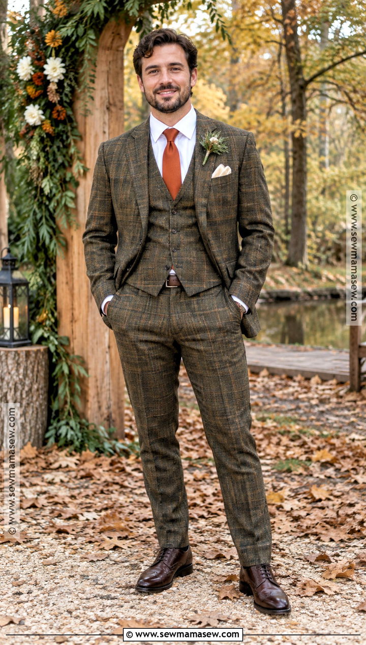 Plaid Suit With Burnt Orange Tie - 15 fall groom attire burnt orange ideas