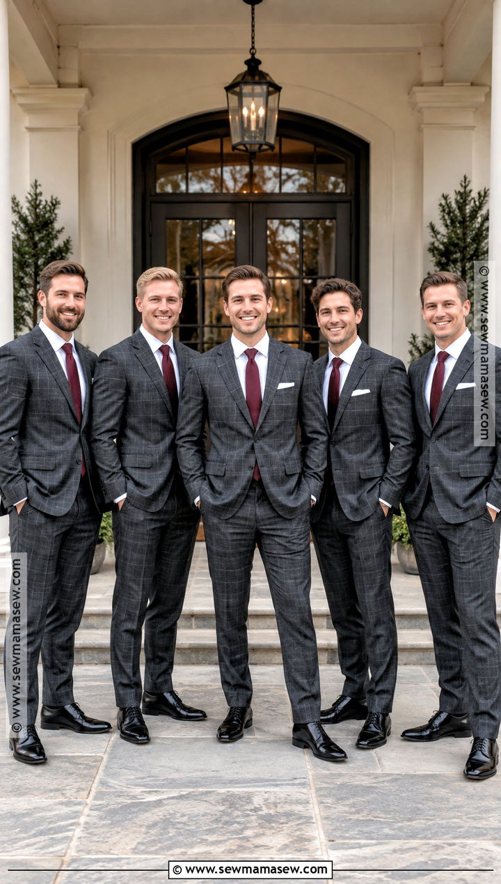 Plaid Suit With Solid Burgundy Tie - 15 november groomsmen attire ideas
