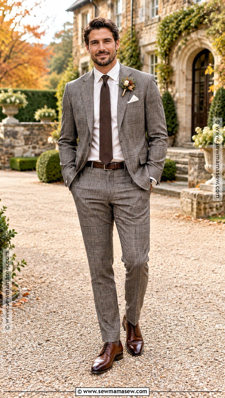 Plaid Suit With Solid Neutral Accessories - 15 fall outdoor wedding groom attire ideas