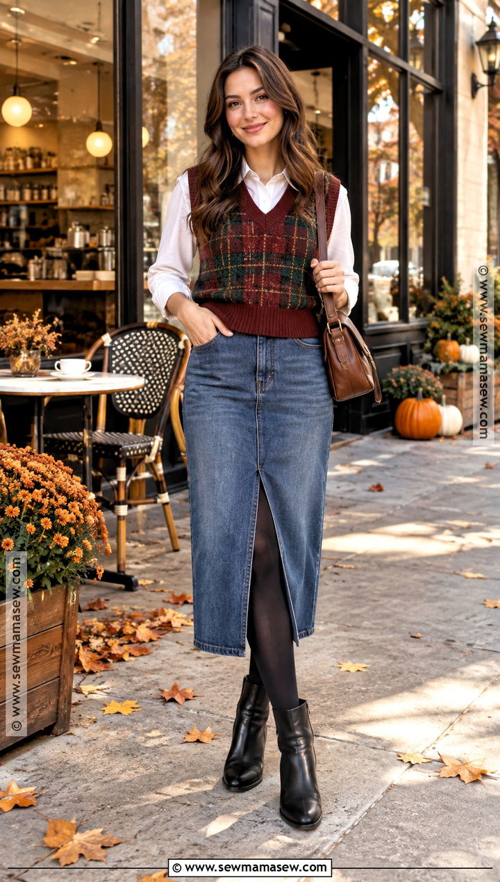 Plaid Sweater Vest With Denim Midi Skirt - 20 vest autumn outfit ideas