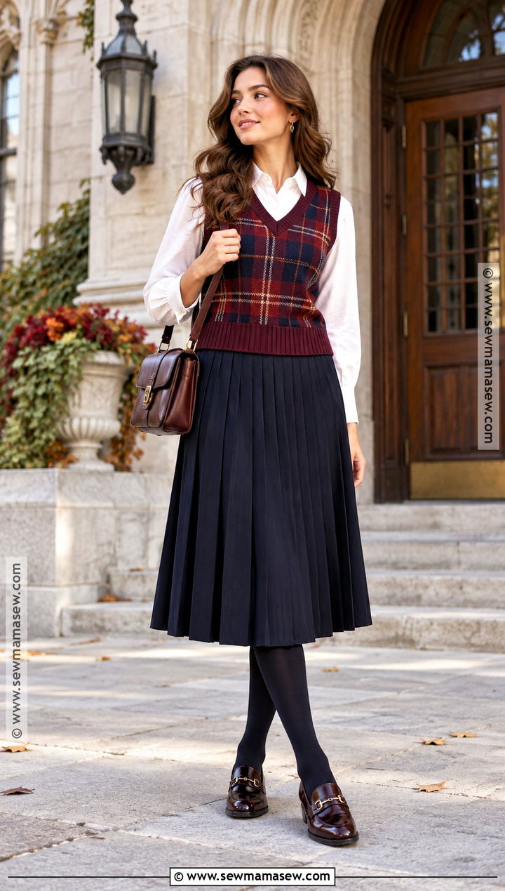 Plaid Sweater Vest With Pleated Skirt And Loafers - 15 Fall Vest Outfits for Women 2026