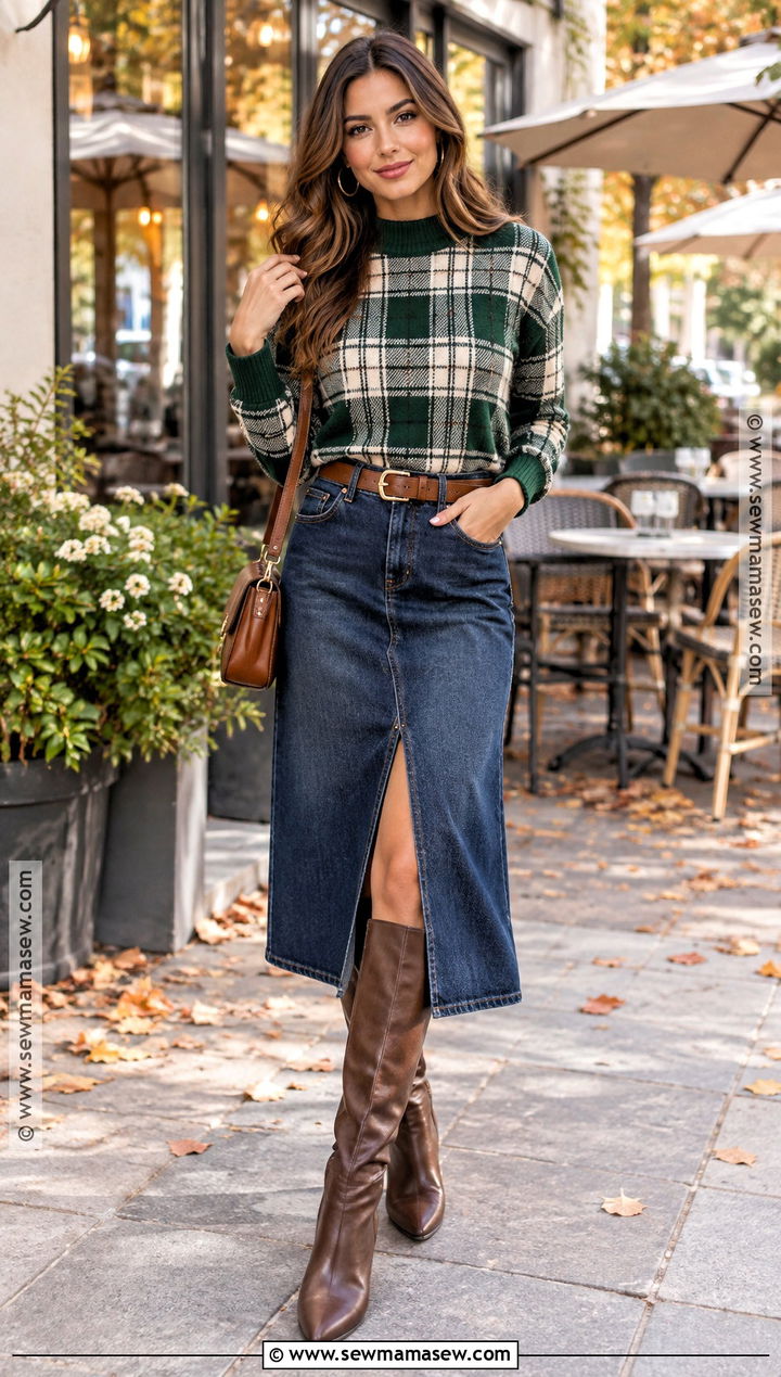 Plaid Sweater With Denim Midi Skirt - 15 Fall Plaid Sweater Style Ideas
