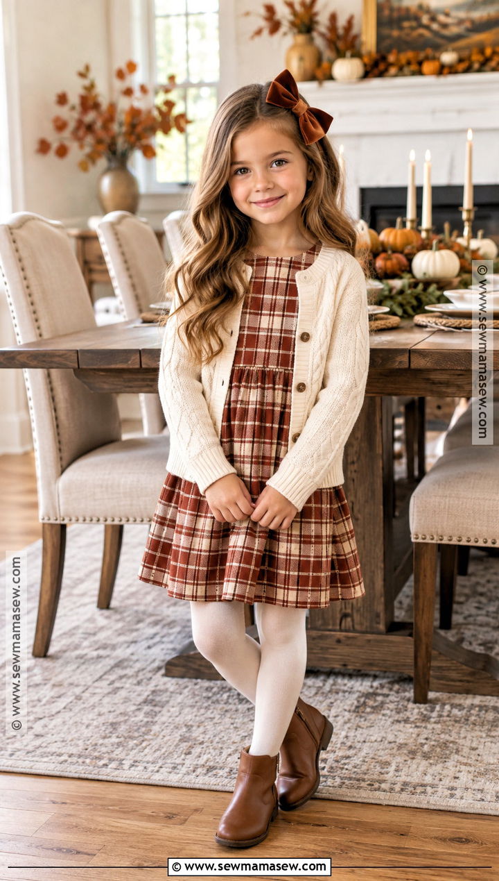 Plaid Thanksgiving Dress With Cardigan And Boots - 20 kids thanksgiving outfits