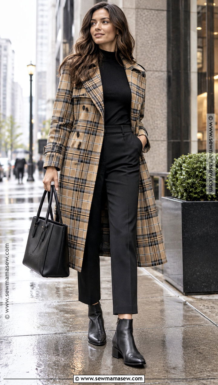 Plaid Trench And Black Work Outfit - 20 Fall Rainy Day Outfits Work